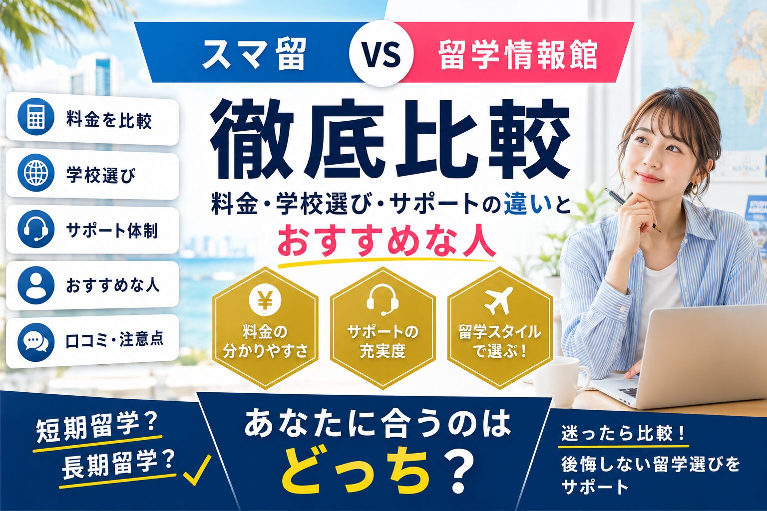 スマ留と留学情報館の料金・学校選び・サポートを比較したアイキャッチ画像