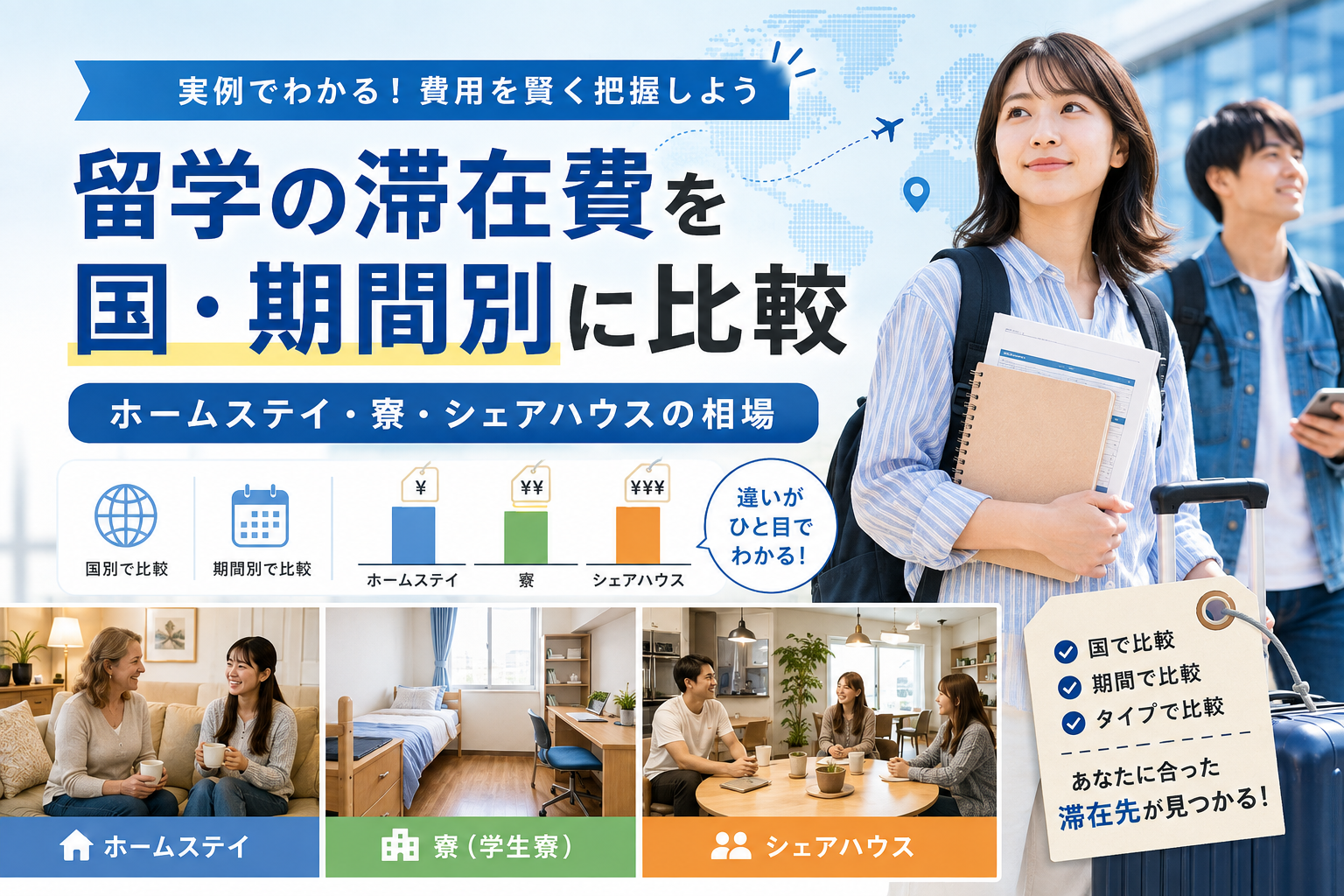 留学の滞在費を国・期間別に比較し、ホームステイ・学生寮・シェアハウスの相場を解説する記事のアイキャッチ画像