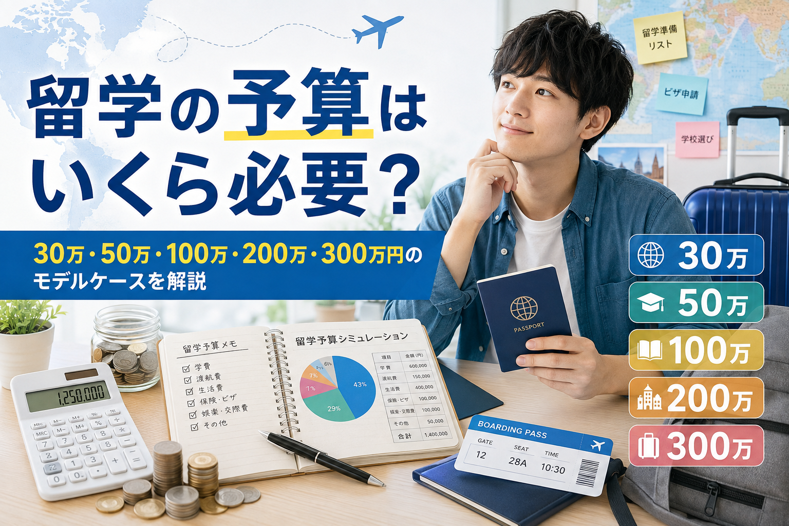 留学に必要な予算を30万・50万・100万・200万・300万円のモデルケースで解説