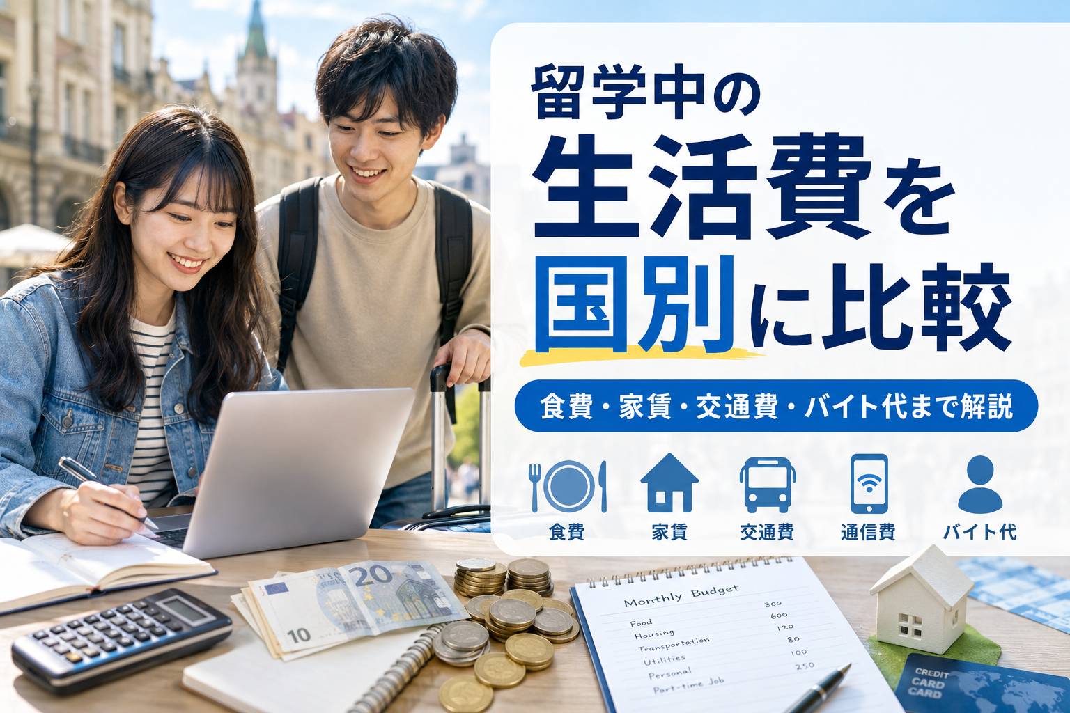 留学中の生活費を国別に比較し、食費・家賃・交通費・通信費・アルバイト代の目安を解説する記事のアイキャッチ画像