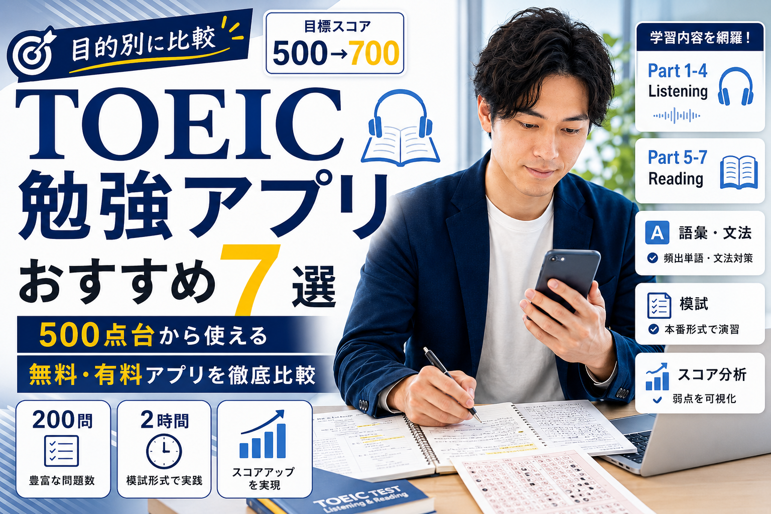 TOEIC勉強アプリおすすめ7選を500点台から使える無料・有料アプリで比較する画像