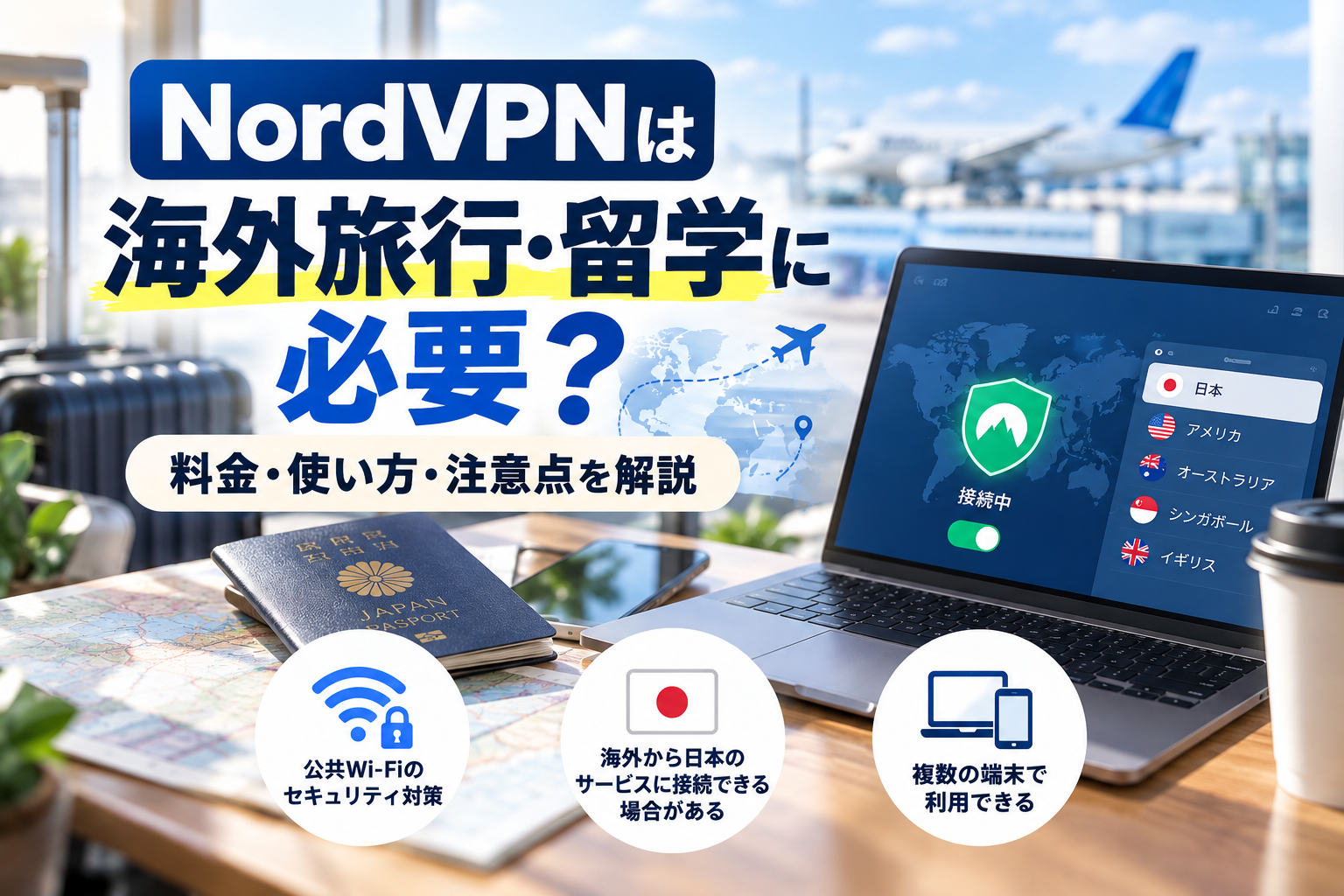 NordVPNは海外旅行・留学に必要？料金・使い方・注意点や公共Wi-Fiのセキュリティ対策を解説する記事のアイキャッチ画像