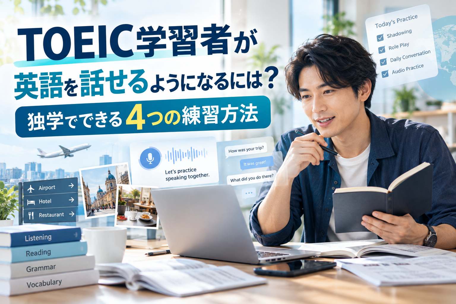 TOEIC学習者が英語を話せるようになるための独学でできる4つの英会話練習方法を解説した画像